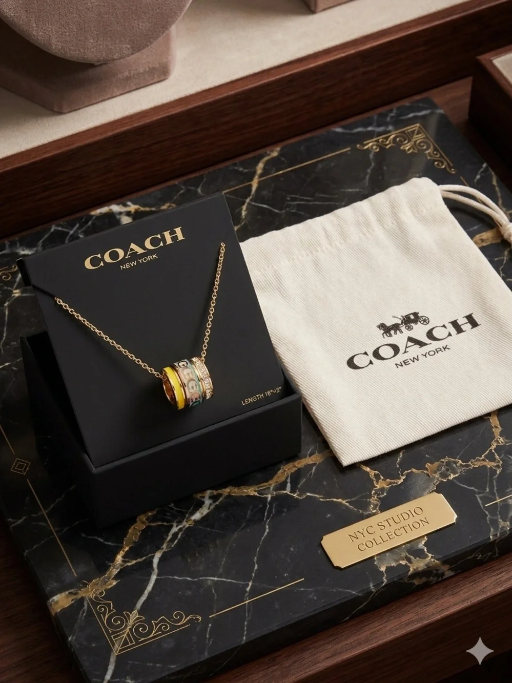 COACH Gold-Tone Yellow and Green Enamel Ring Pendant Necklace
